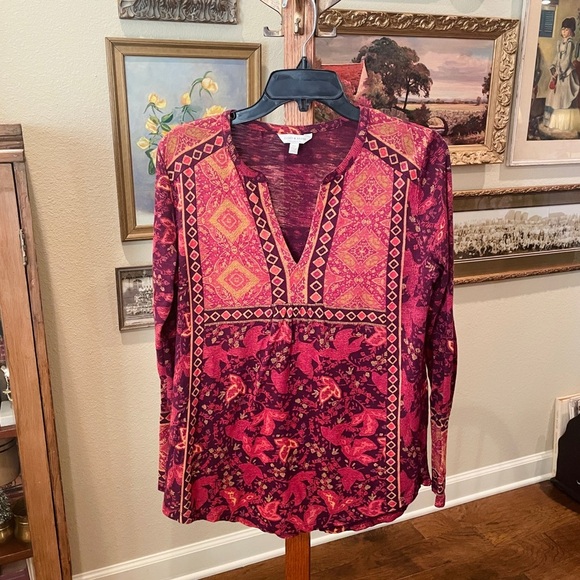 Lucky Brand long sleeve v-neck split back tunic top SZ S burgundy - Picture 3 of 9